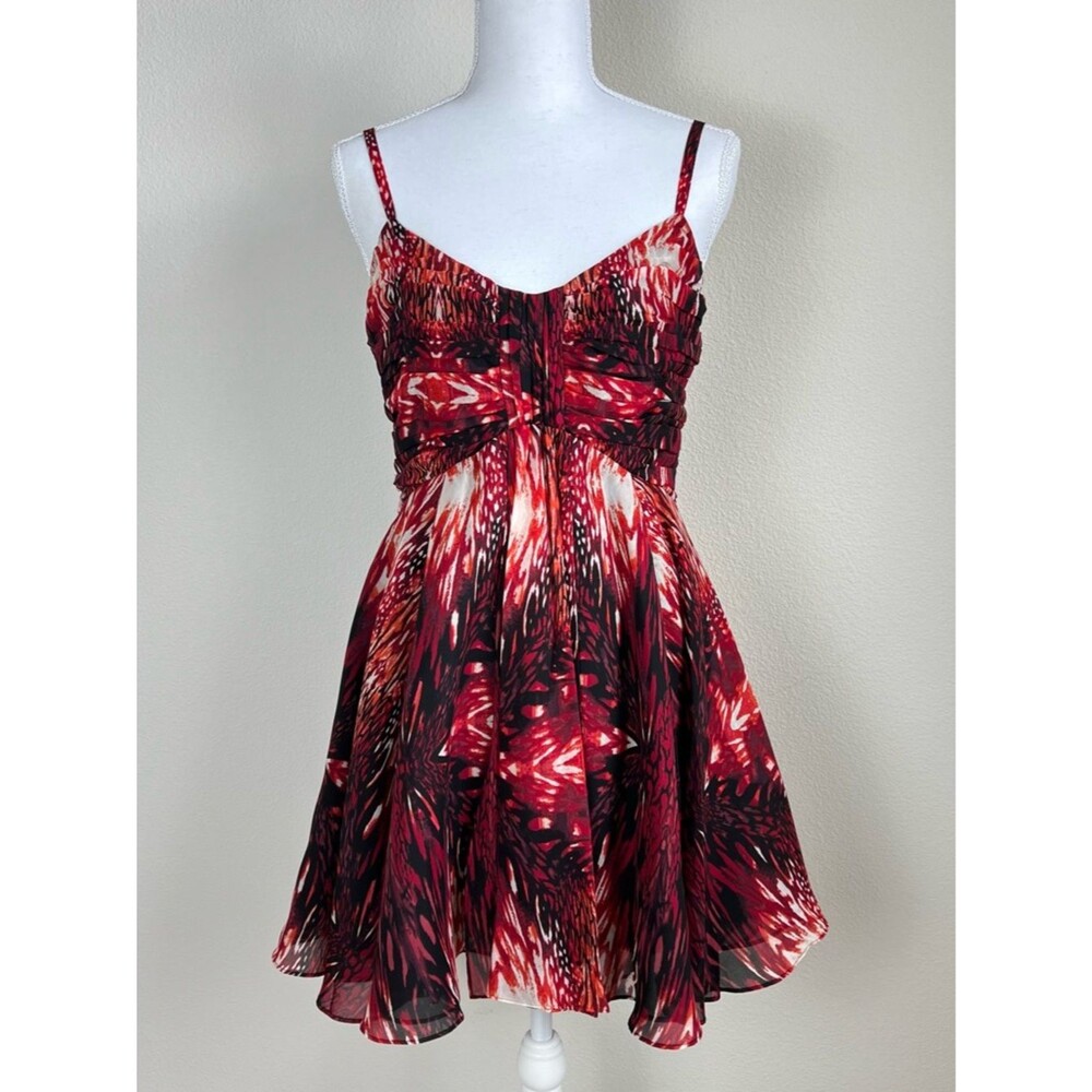 bebe Red & Black Printed Spaghetti-Strap Mini Dress